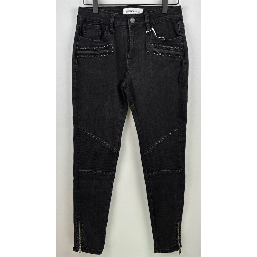 Etienne Marcel Moto Black Studded Biker Skinny Jeans Ankle Zipper